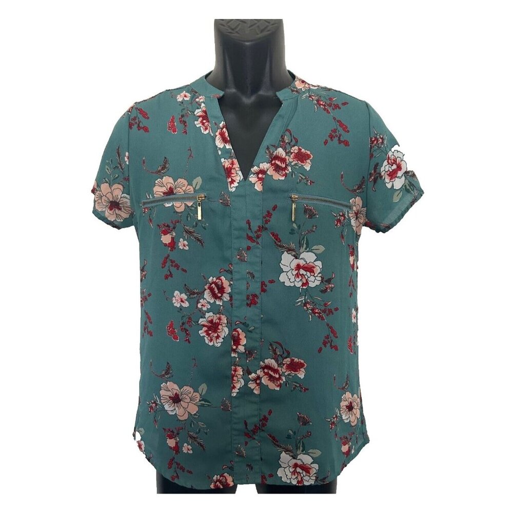 Womens Rue 21 V-neck Blouse green pink floral size S